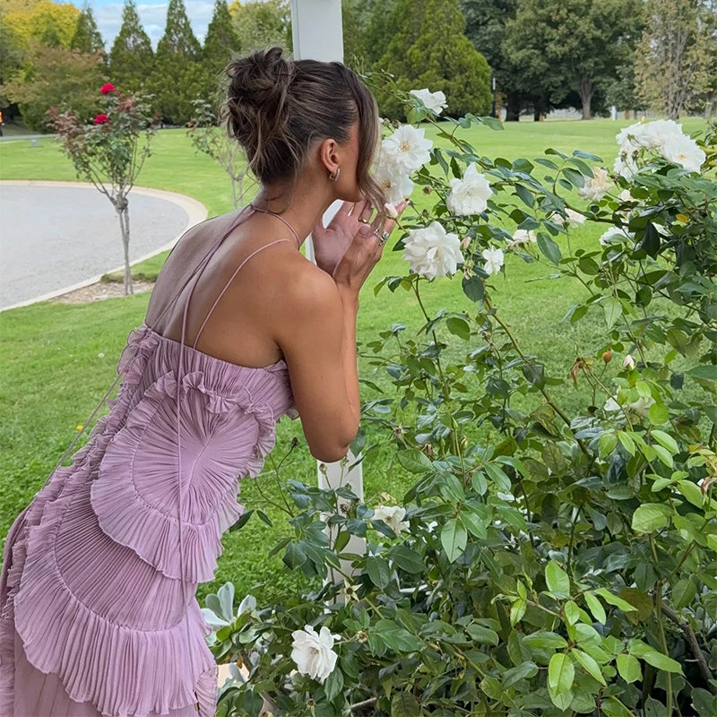 Pleated Halter Lotus Floral Dress - Image 4