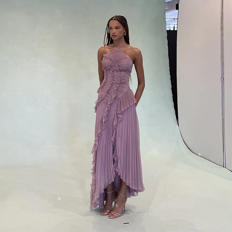 Pleated Halter Lotus Floral Dress - Image 5