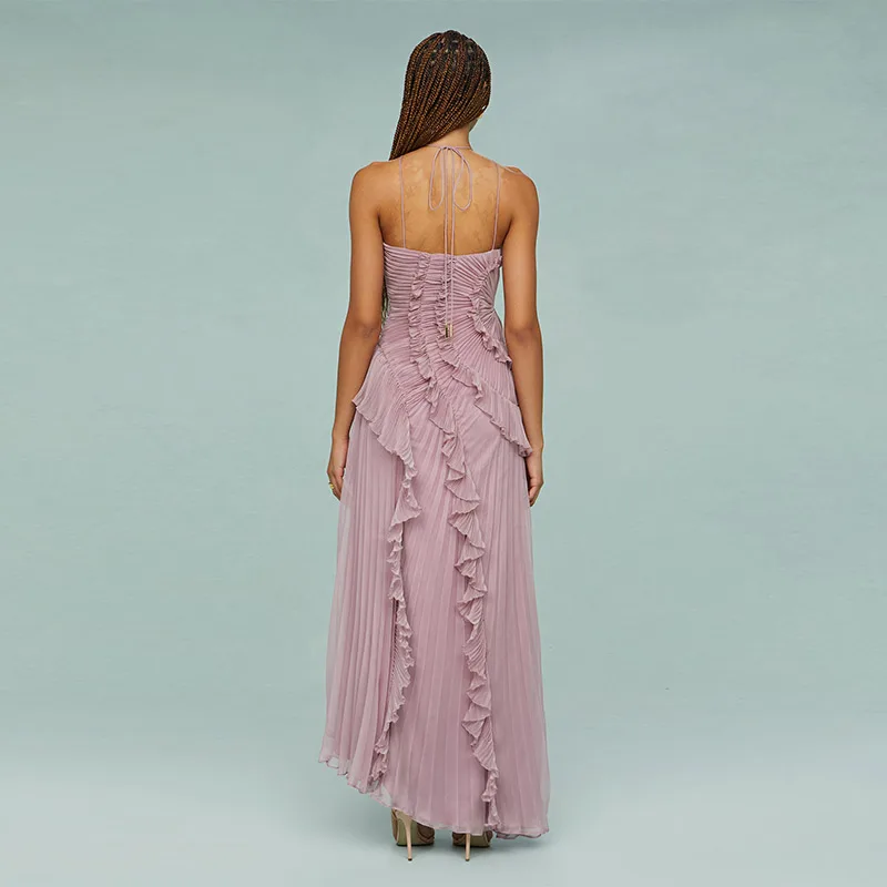 Pleated Halter Lotus Floral Dress - Image 6