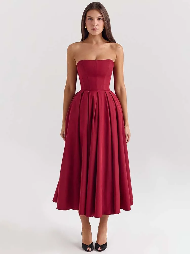 Pleated Strapless A-Line Midi Dress - Image 4