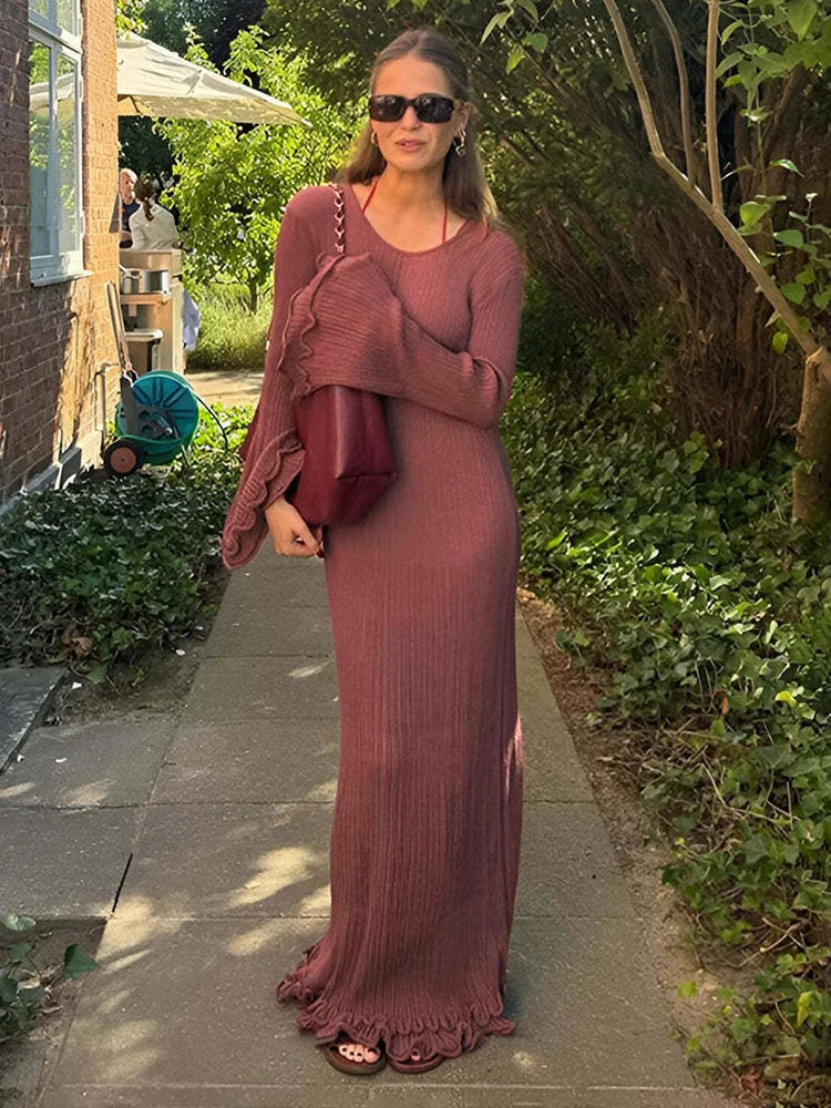Pleated Wavy Knit Lace Maxi Dress - Image 5