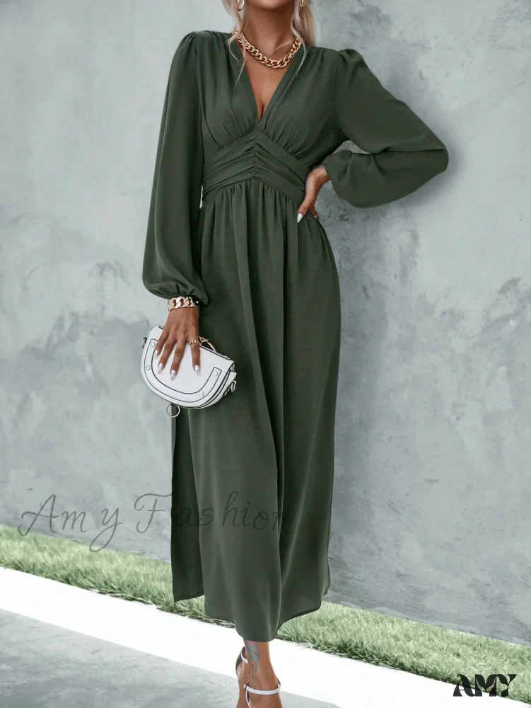Amy Fashion - Plunging Neck Lantern Sleeve  Waist Split Thigh Dress - Image 3