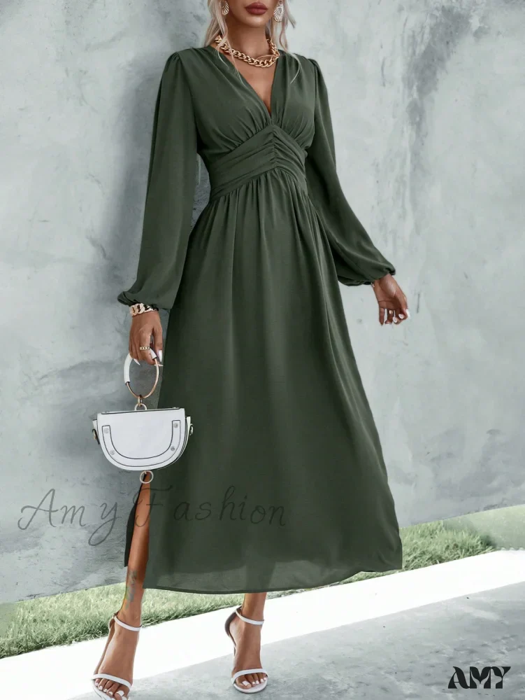 Amy Fashion - Plunging Neck Lantern Sleeve  Waist Split Thigh Dress - Image 4