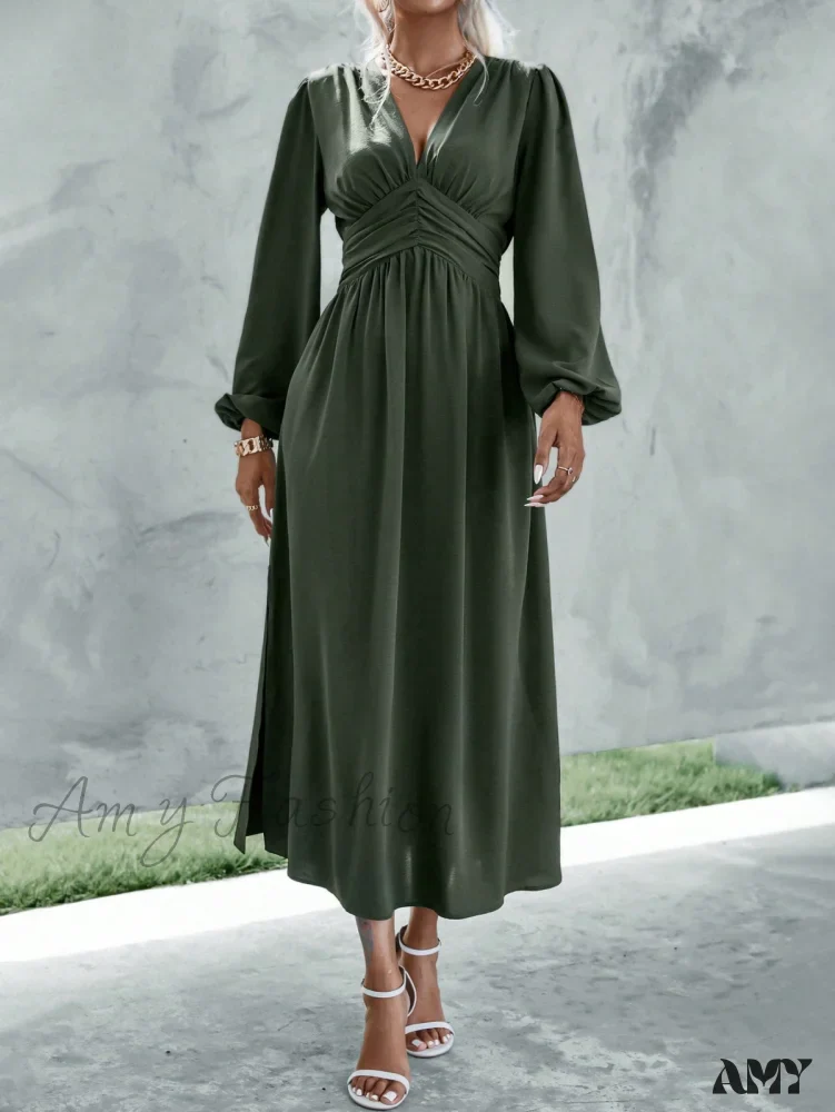 Amy Fashion - Plunging Neck Lantern Sleeve  Waist Split Thigh Dress - Image 5