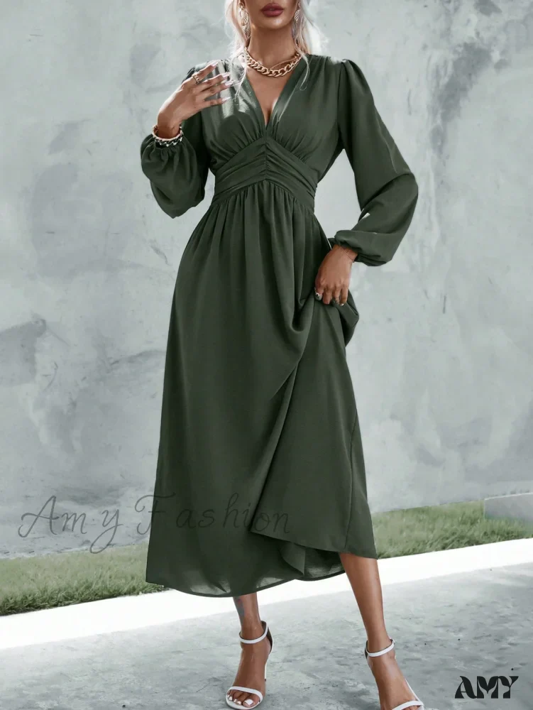 Amy Fashion - Plunging Neck Lantern Sleeve  Waist Split Thigh Dress - Image 6