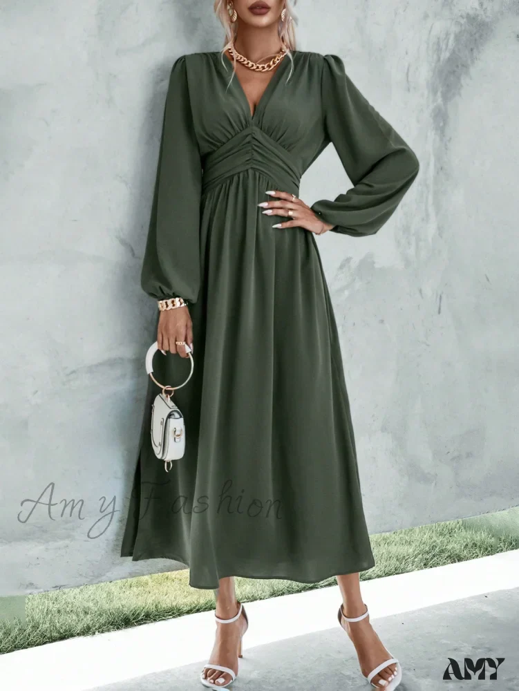 Amy Fashion - Plunging Neck Lantern Sleeve  Waist Split Thigh Dress - Image 7