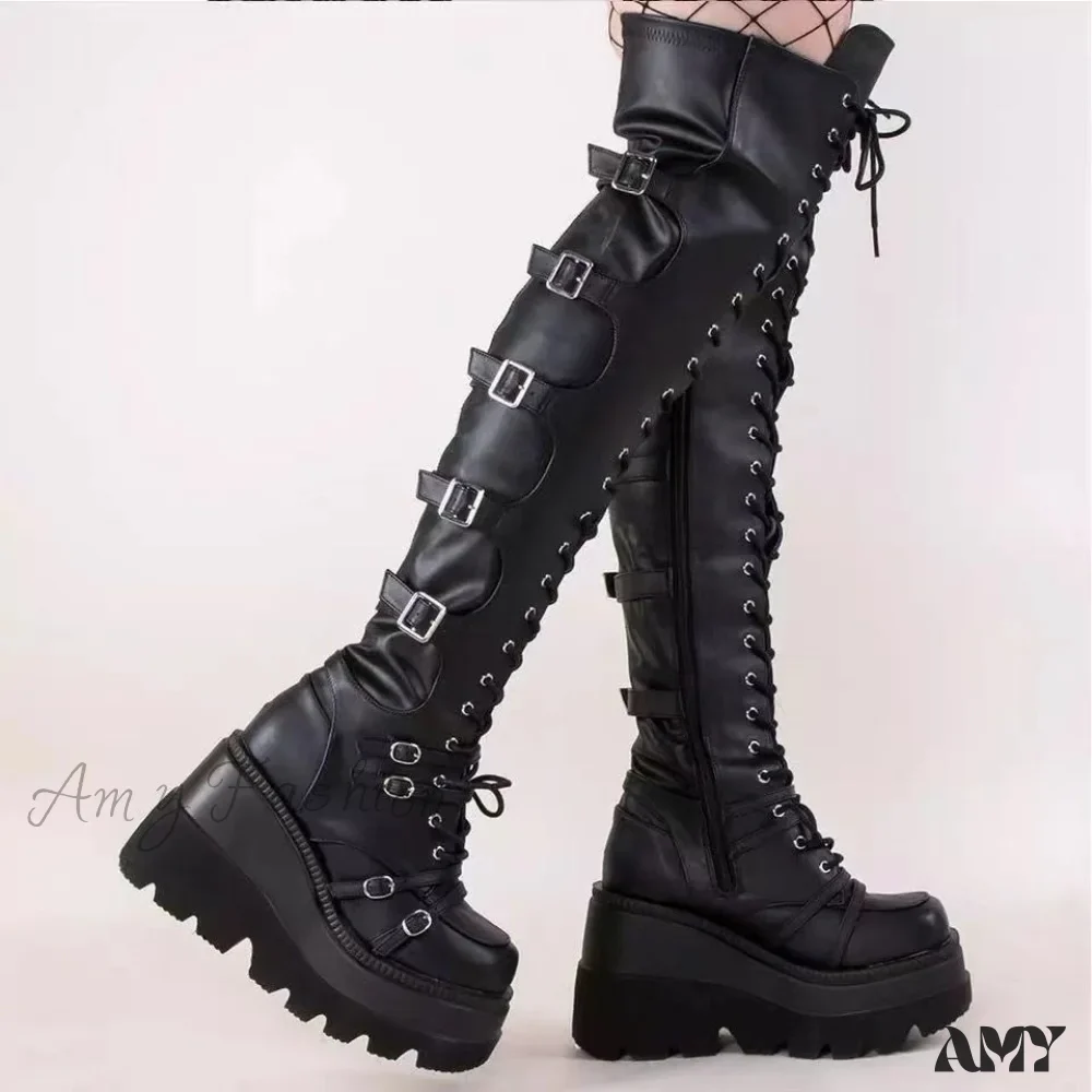 Plus Size Over-Knee Soft Leather Wedge Long Boots Spring Autumn 2024 Wish Hot Trade Rider Boots Women's Shoes - Image 5