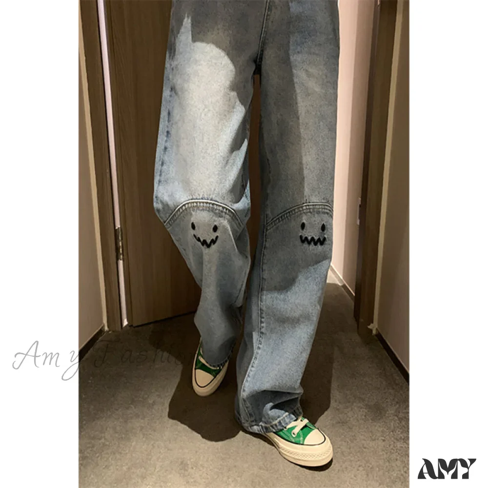 Amy Fashion - Cute Emoji Face Wide Leg Personalized Jeans