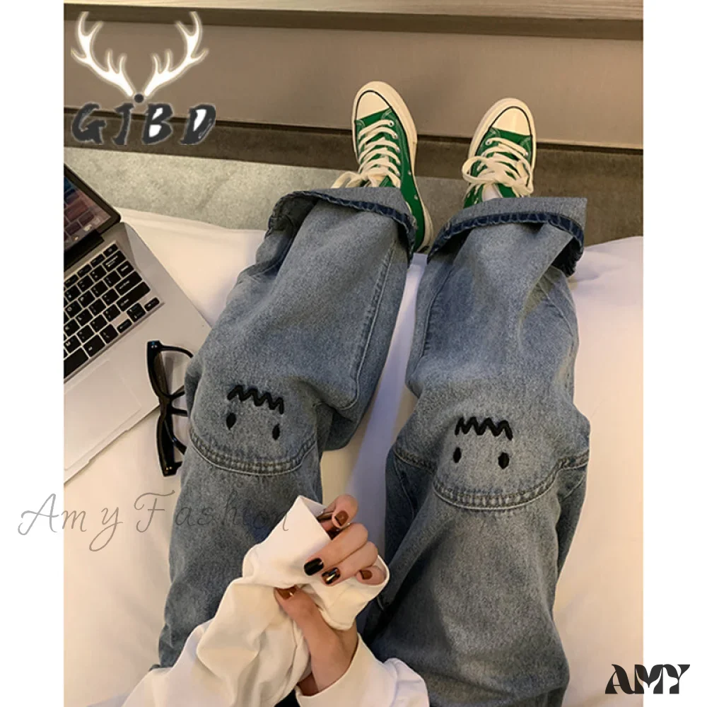 Amy Fashion - Cute Emoji Face Wide Leg Personalized Jeans - Image 2
