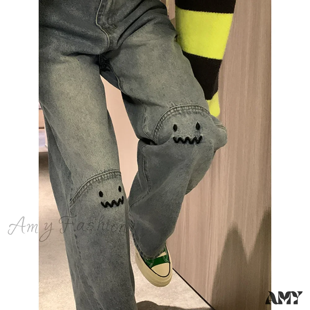 Amy Fashion - Cute Emoji Face Wide Leg Personalized Jeans - Image 3