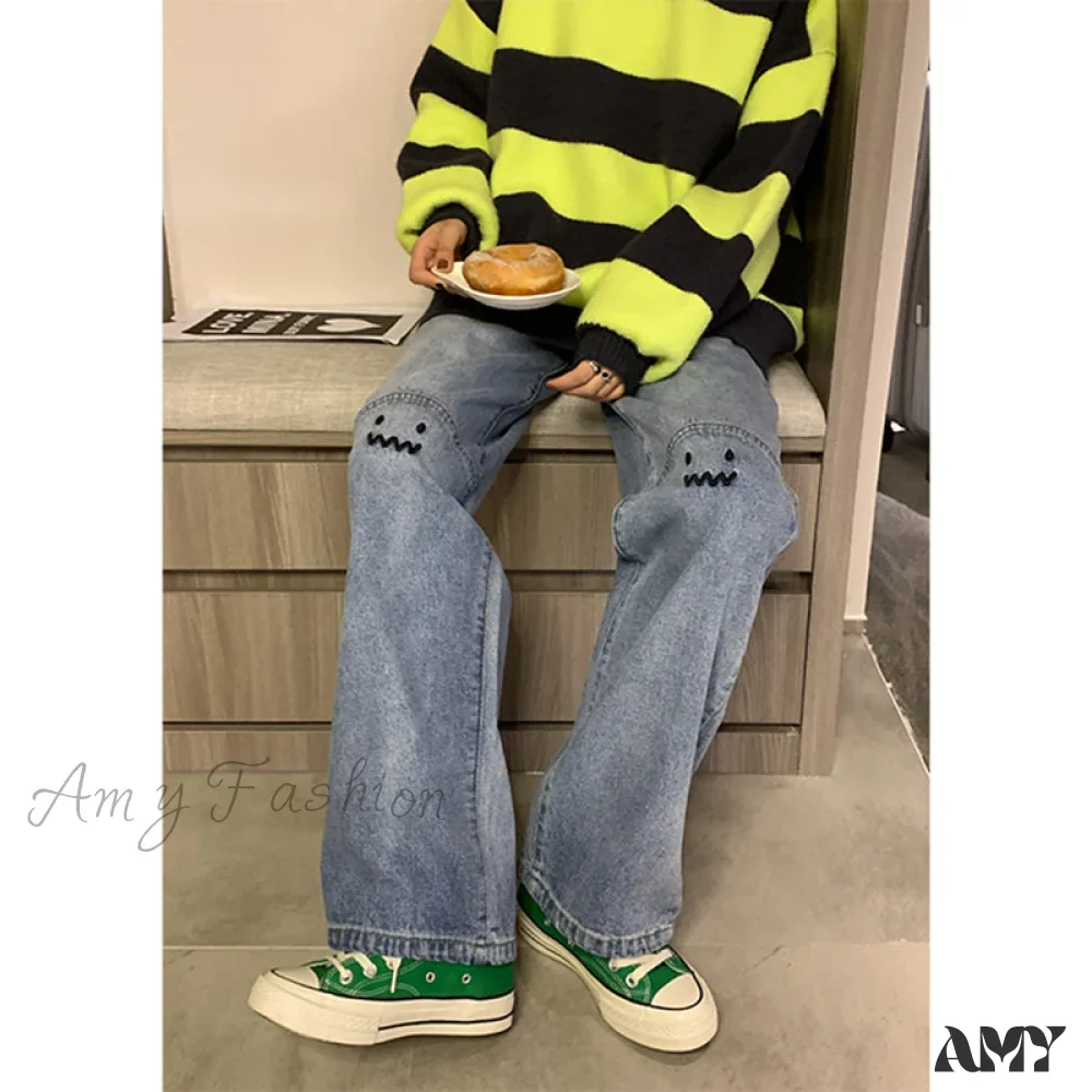 Amy Fashion - Cute Emoji Face Wide Leg Personalized Jeans - Image 4
