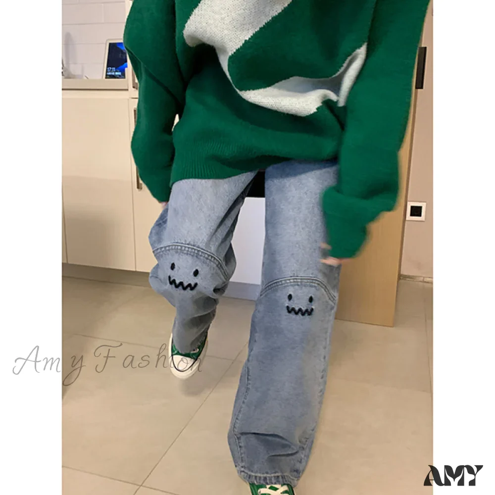 Amy Fashion - Cute Emoji Face Wide Leg Personalized Jeans - Image 5