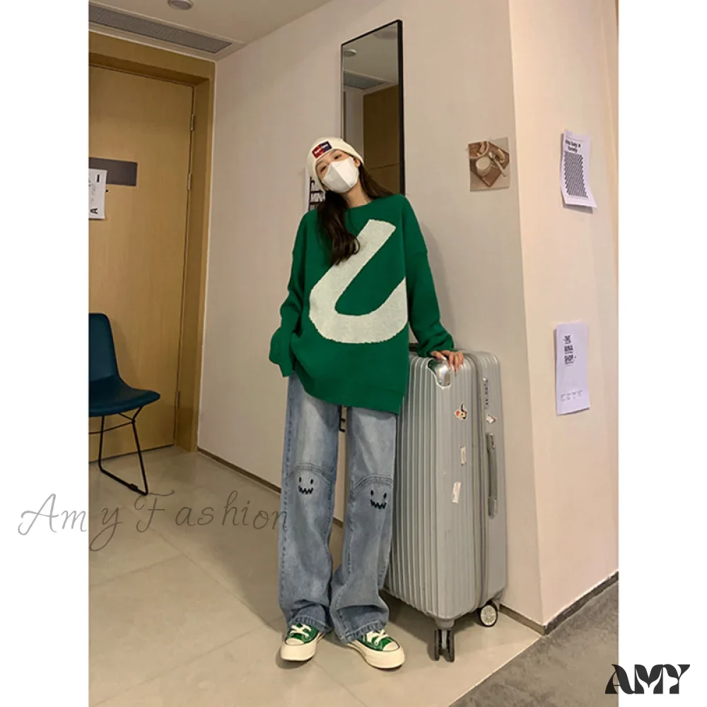 Amy Fashion - Cute Emoji Face Wide Leg Personalized Jeans - Image 6