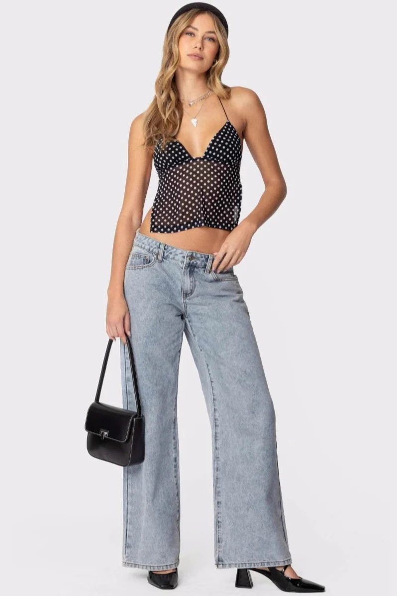 Polka Dot Backless Halter Slim Blouse