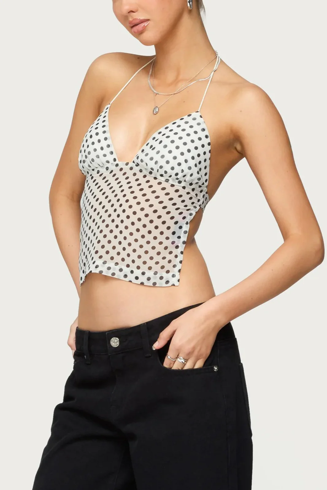 Polka Dot Backless Halter Slim Blouse - Image 10