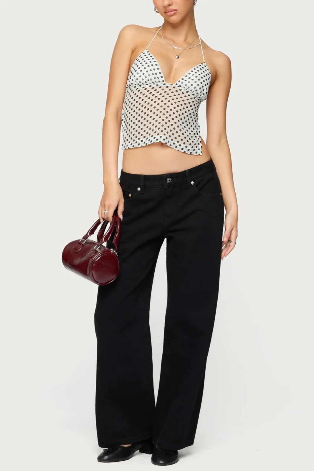 Polka Dot Backless Halter Slim Blouse - Image 12
