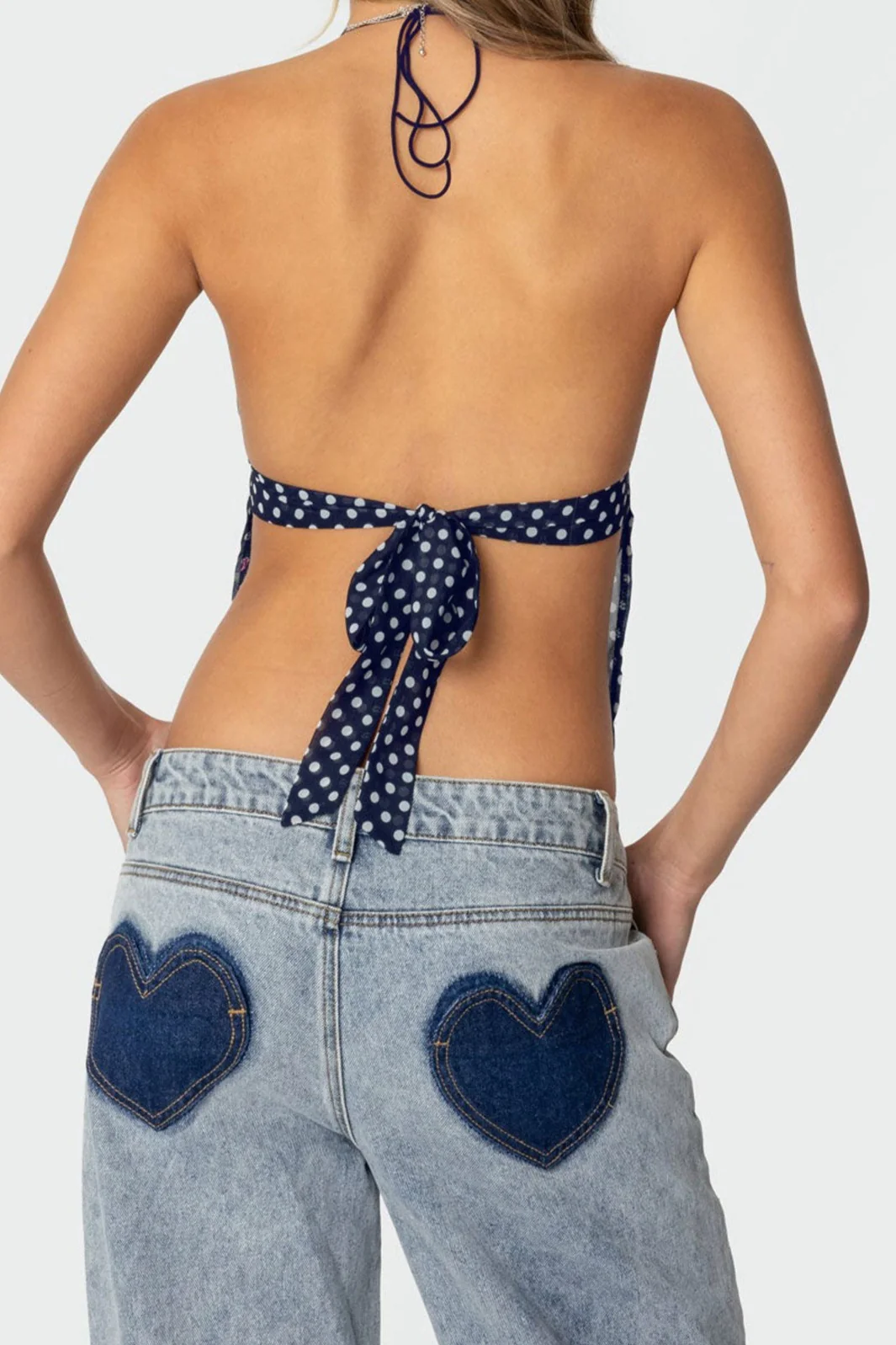Polka Dot Backless Halter Slim Blouse - Image 14