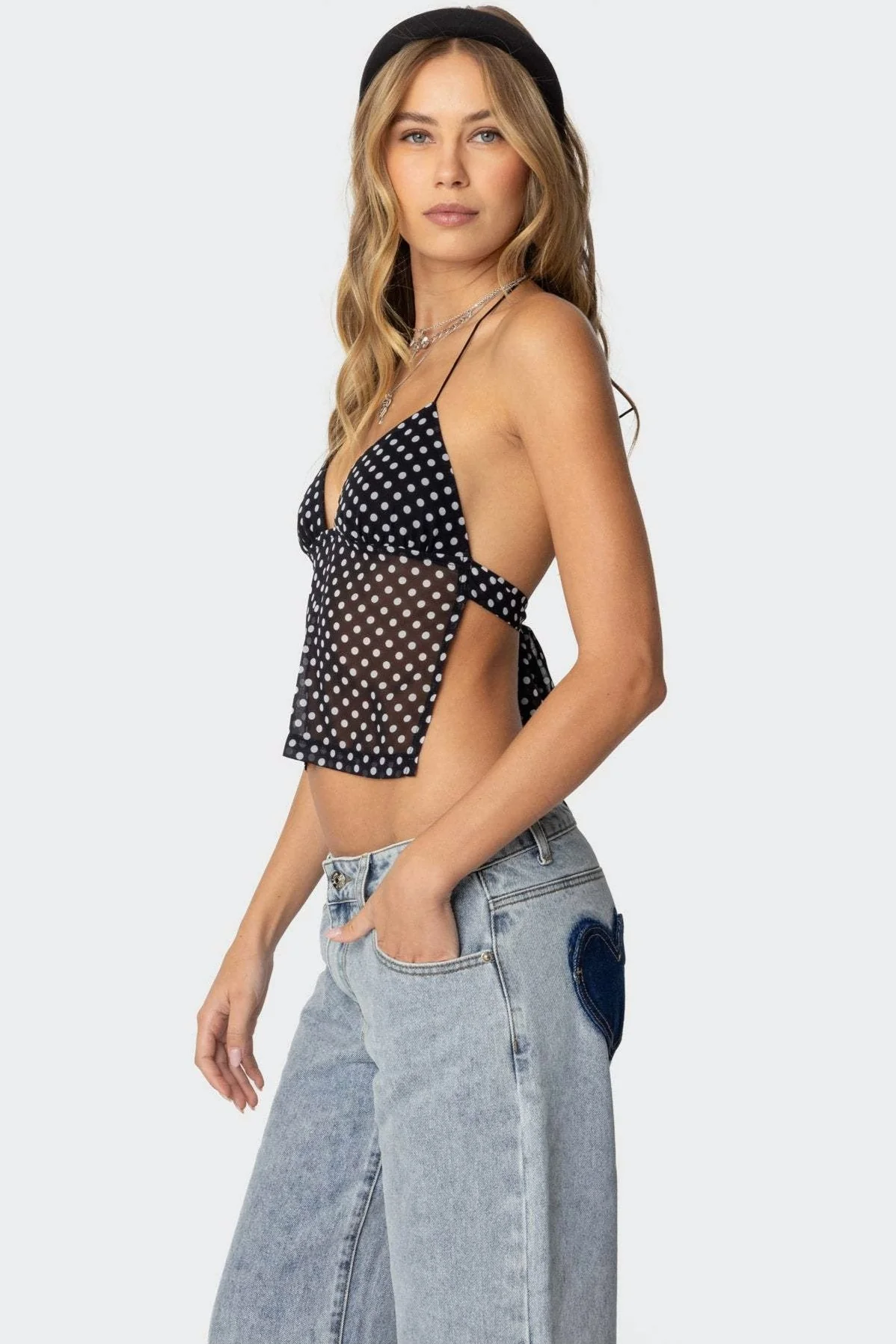 Polka Dot Backless Halter Slim Blouse - Image 3