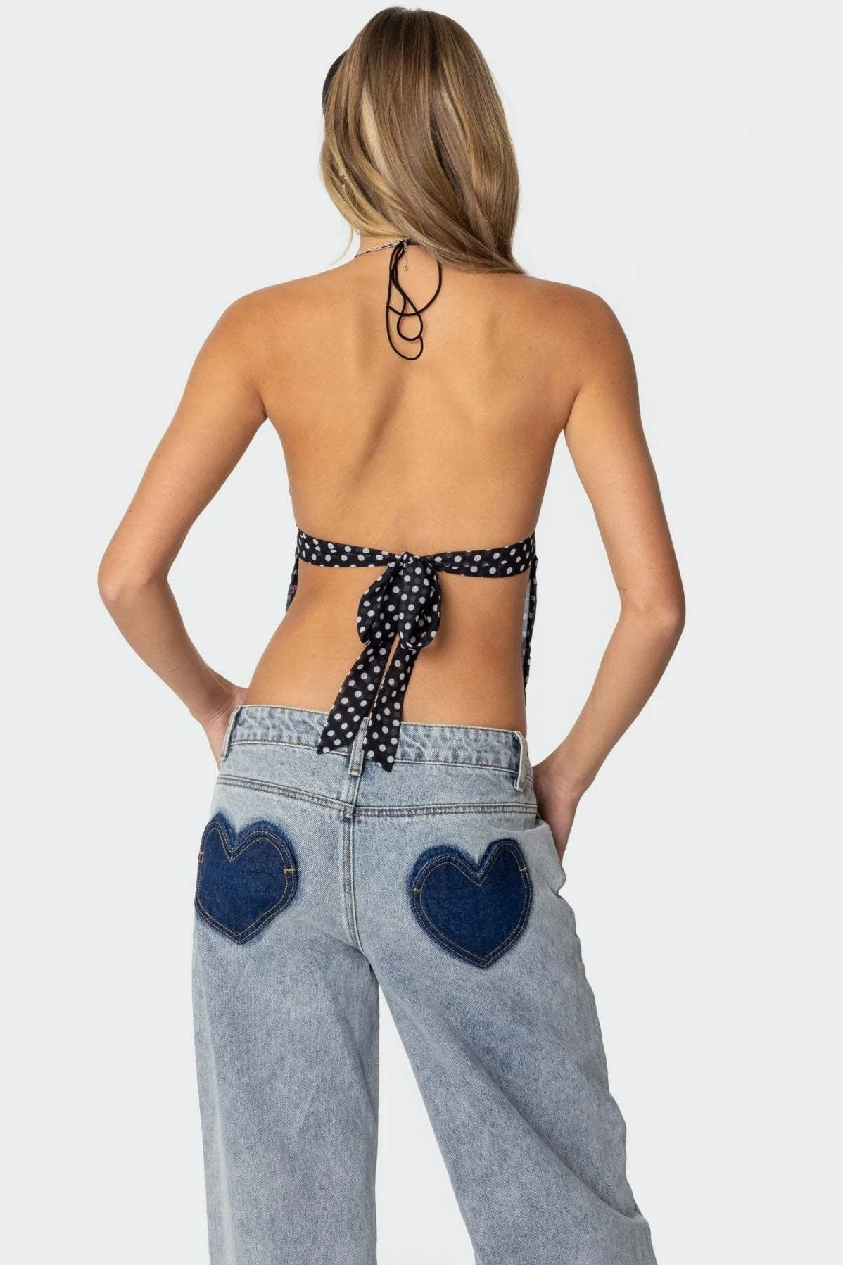 Polka Dot Backless Halter Slim Blouse - Image 4