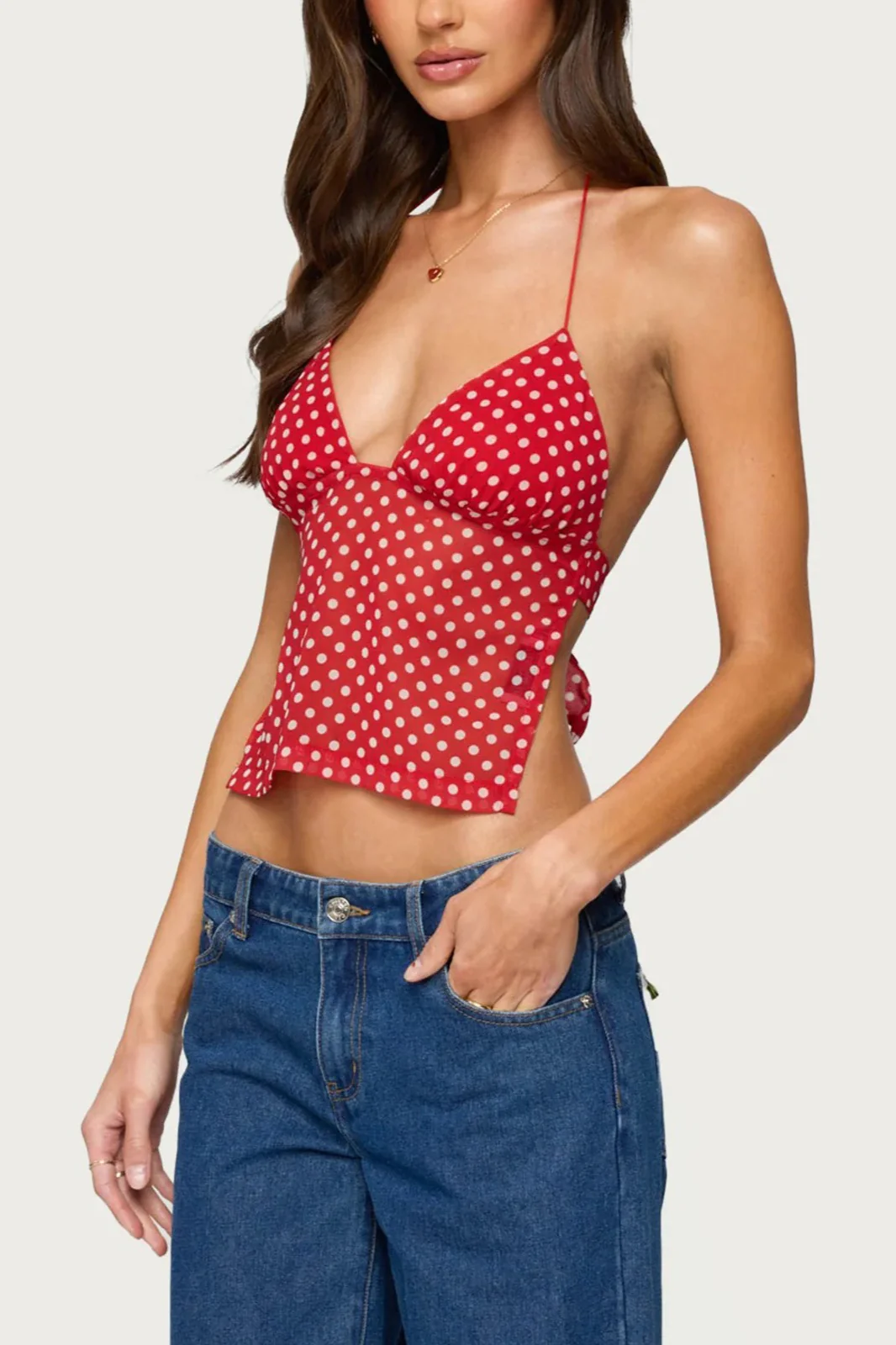 Polka Dot Backless Halter Slim Blouse - Image 6