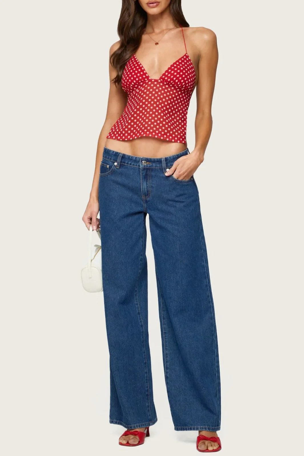 Polka Dot Backless Halter Slim Blouse - Image 7