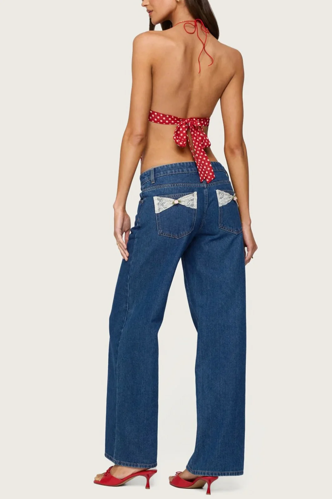 Polka Dot Backless Halter Slim Blouse - Image 8