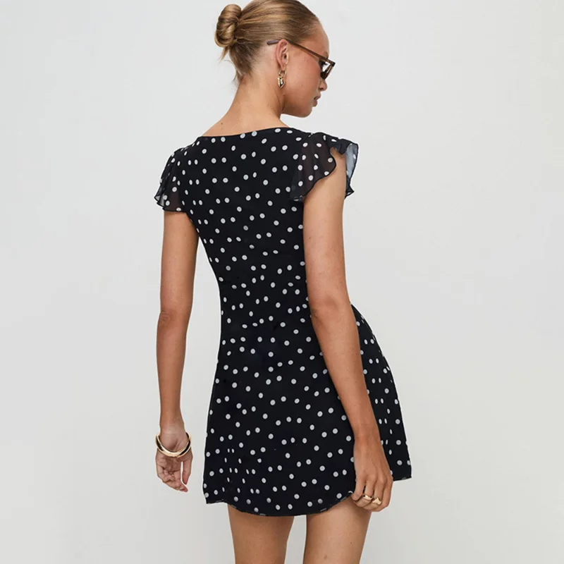Polka Dot V Neck Slim A Line Mini Dress - Image 6