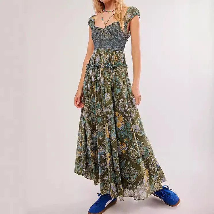 Printed Chiffon Short Sleeve A-line Boho Dress