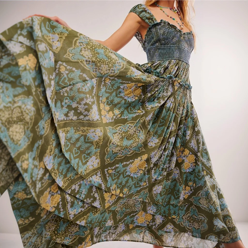 Printed Chiffon Short Sleeve A-line Boho Dress - Image 2