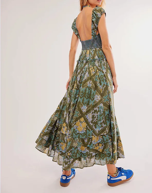 Printed Chiffon Short Sleeve A-line Boho Dress - Image 3