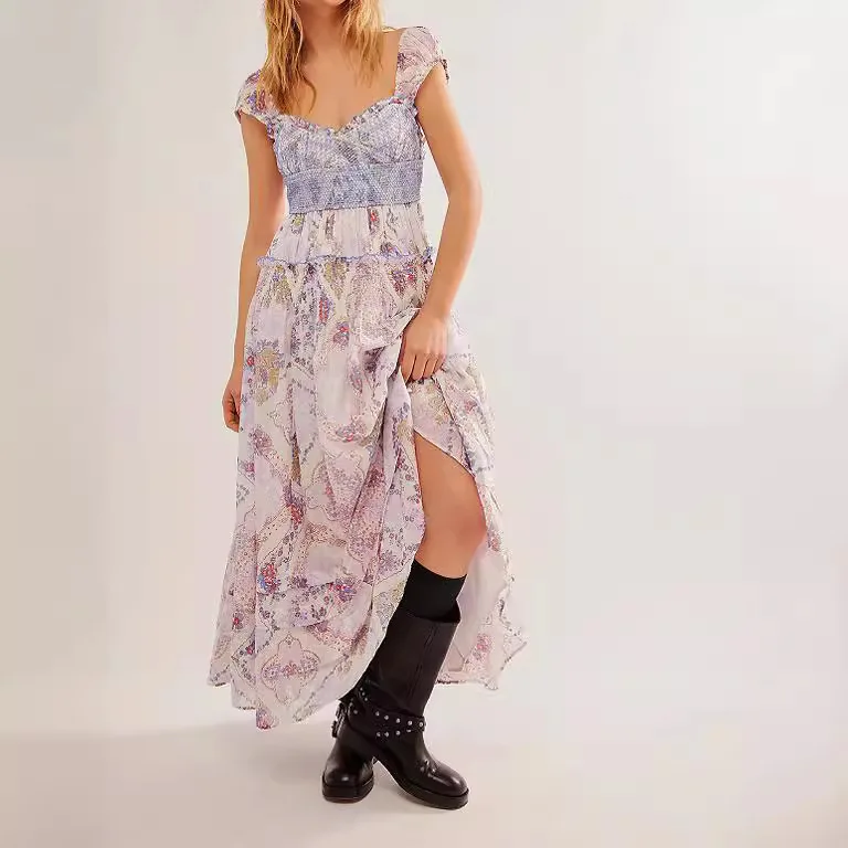 Printed Chiffon Short Sleeve A-line Boho Dress - Image 4