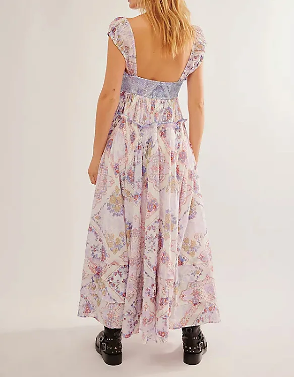 Printed Chiffon Short Sleeve A-line Boho Dress - Image 5