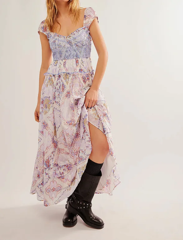 Printed Chiffon Short Sleeve A-line Boho Dress - Image 7