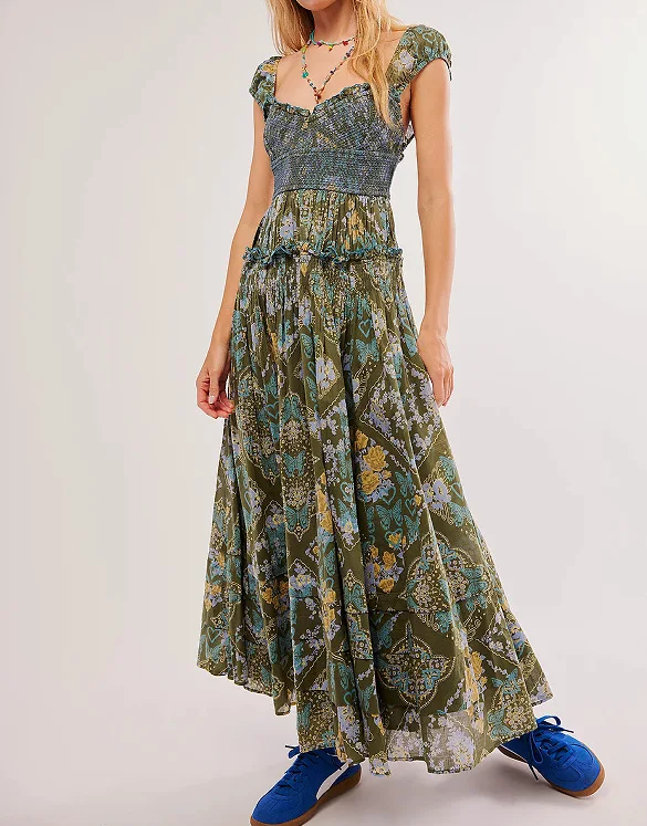 Printed Chiffon Short Sleeve A-line Boho Dress - Image 8