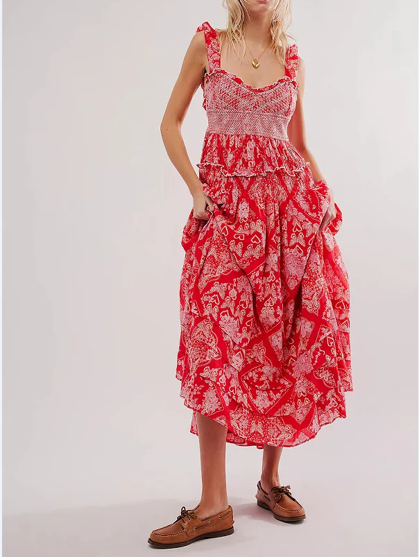 Printed Chiffon Short Sleeve A-line Boho Dress - Image 9