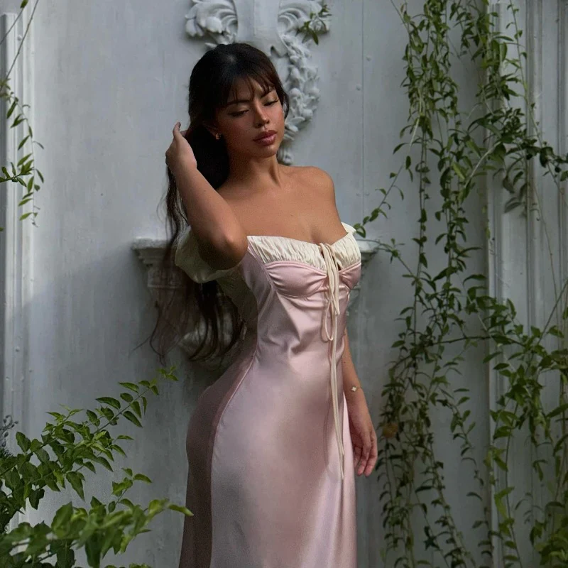 Puff Sleeve Satin Lace-up Vacation Dress - Image 6