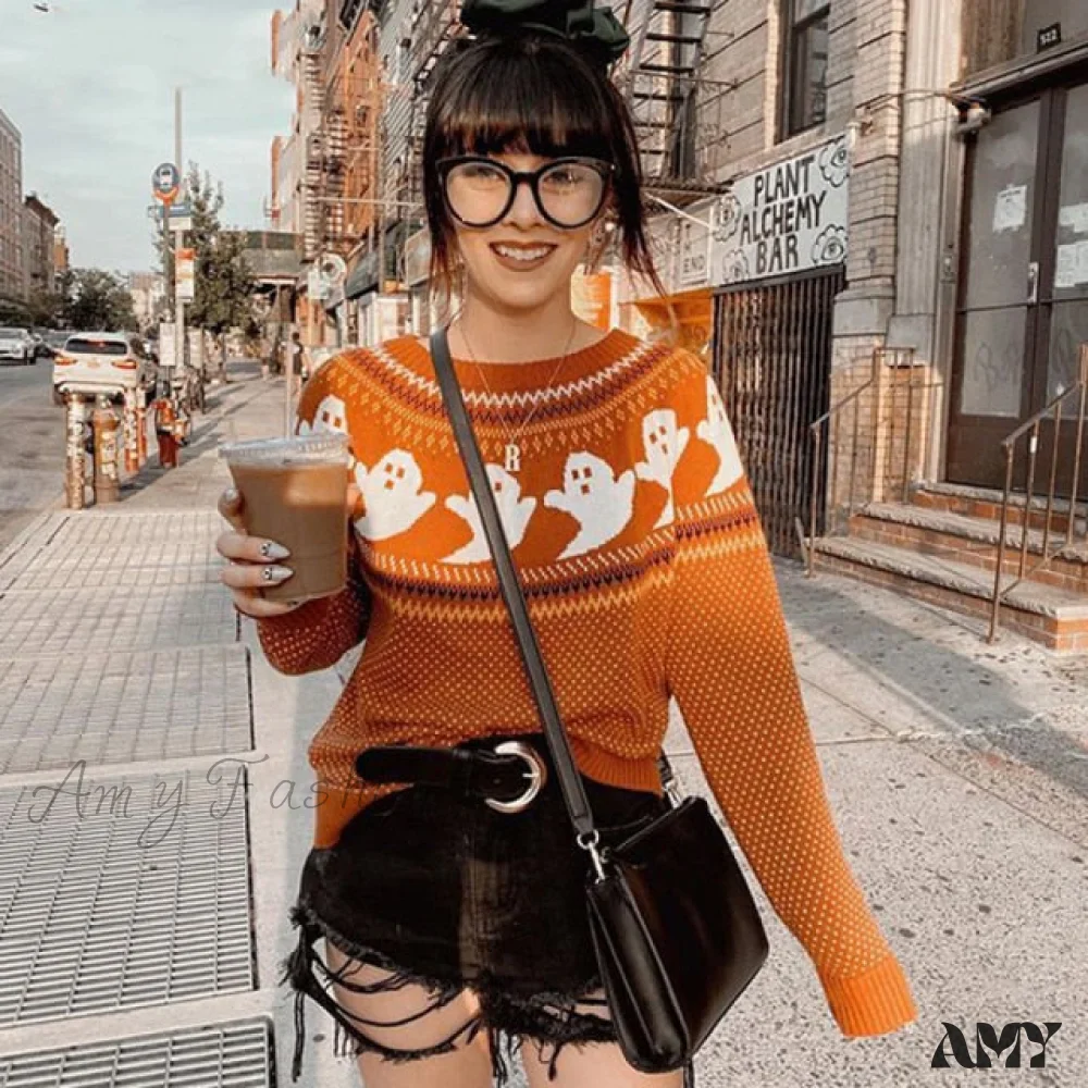Amy Fashion - Pumpkin Knitted Pullovers Sweaters - Image 5
