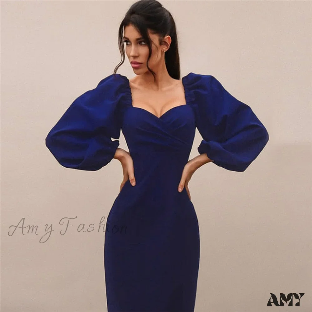 Amy Fashion - Pure V Neck Off Shoulder Lantern Sleeve Dress - Image 3