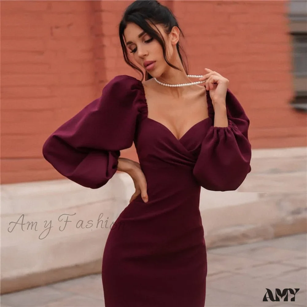 Amy Fashion - Pure V Neck Off Shoulder Lantern Sleeve Dress - Image 4