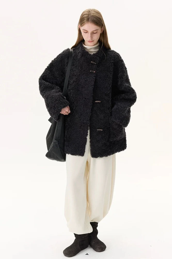 Pure Wool Bouclé Horn Button Shearling Coat - Image 7
