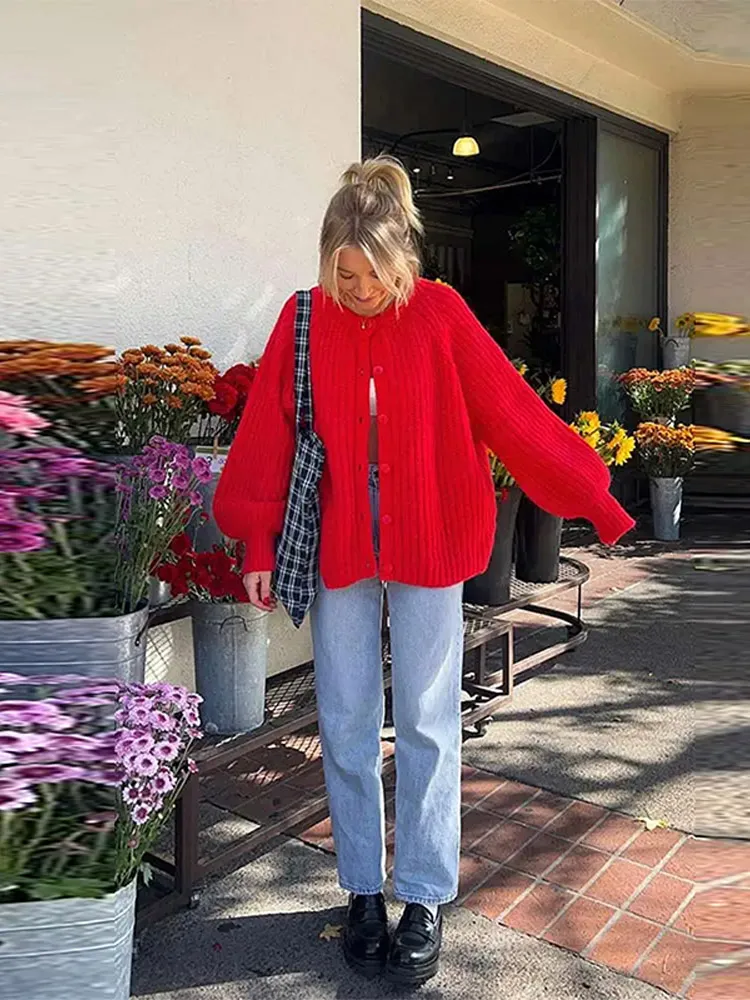 Red O-neck Button Long Sleeve Cardigan - Image 2