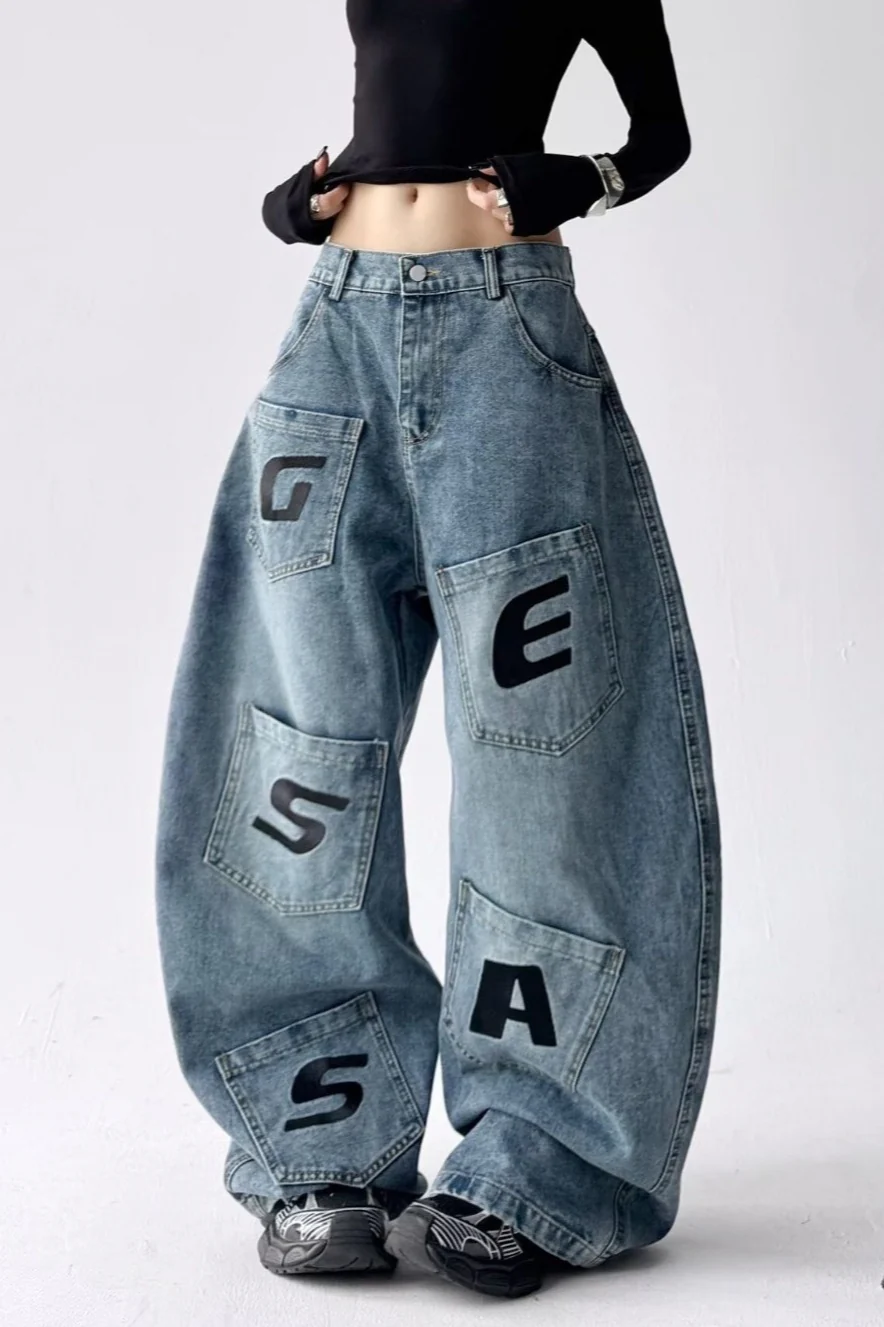 Relaxed Fit Letter Print Draping Curved Leg Jeans