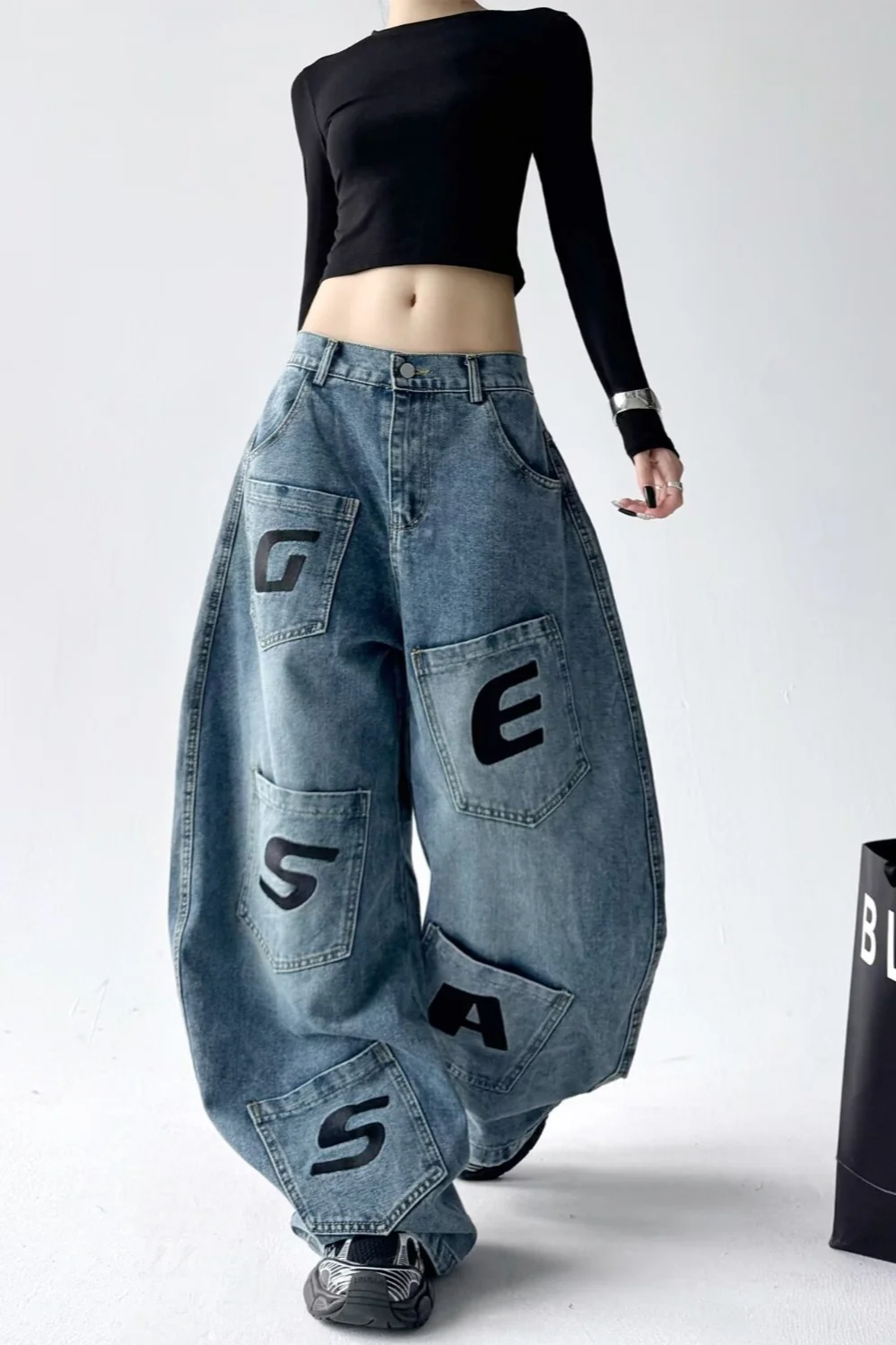 Relaxed Fit Letter Print Draping Curved Leg Jeans - Image 2