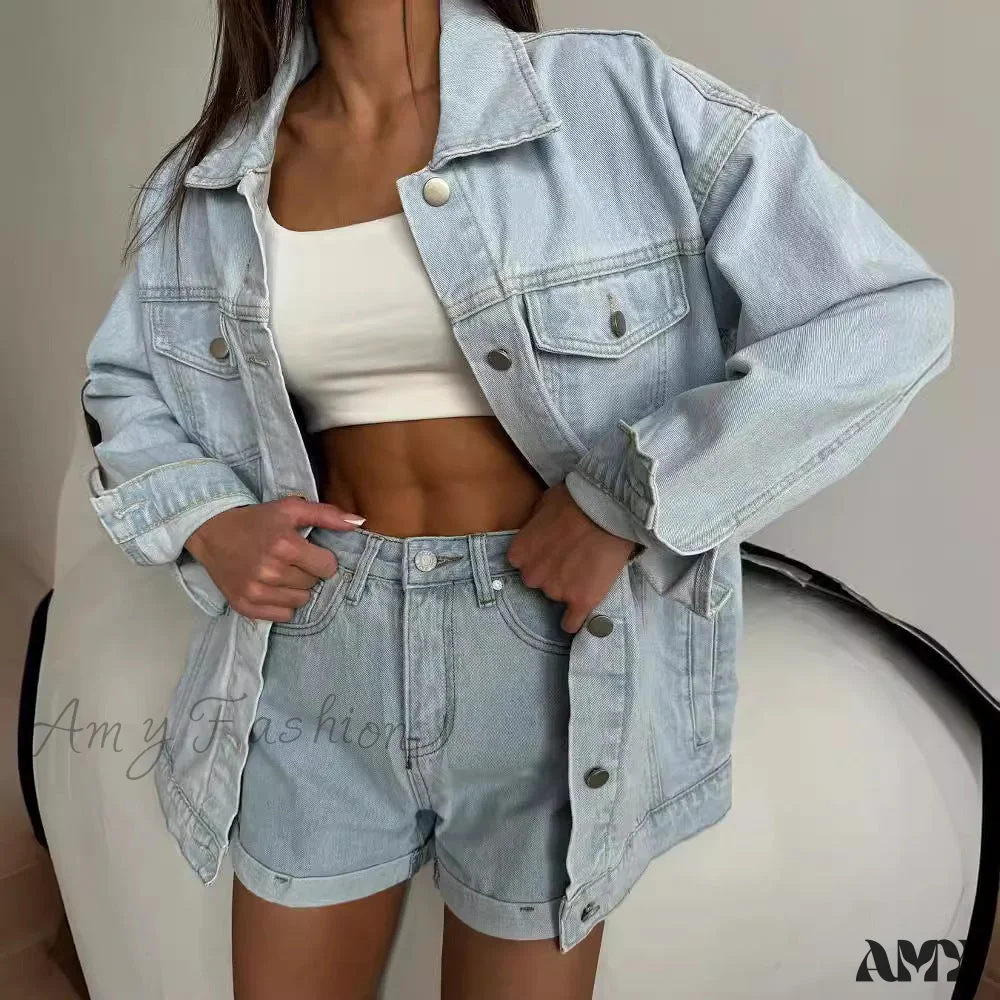 Retro Casual Chic High Waist Shirt Denim Suit - Image 3