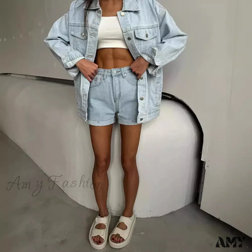 Retro Casual Chic High Waist Shirt Denim Suit - Image 4