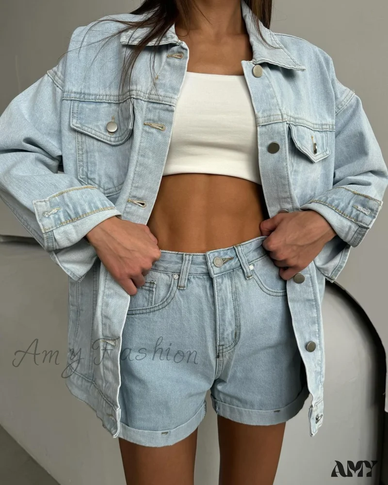 Retro Casual Chic High Waist Shirt Denim Suit - Image 5