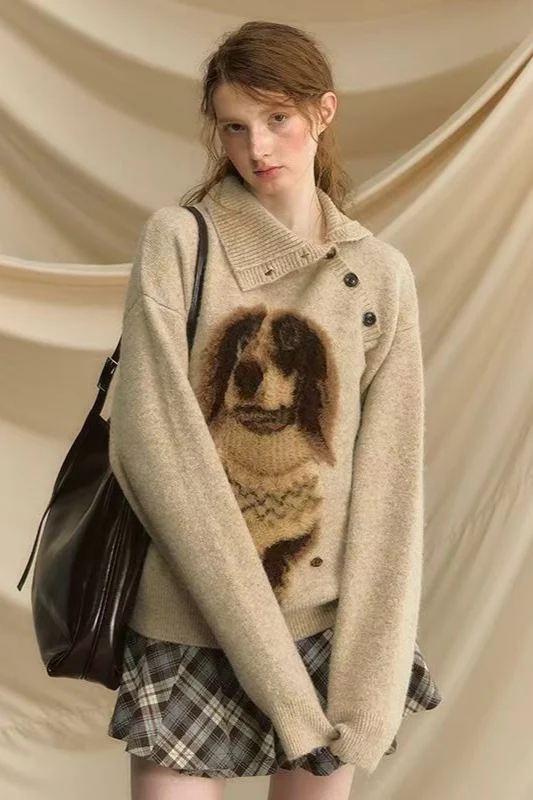 Retro Dachshund Print Slouchy Loose Pullover Sweater - Image 3