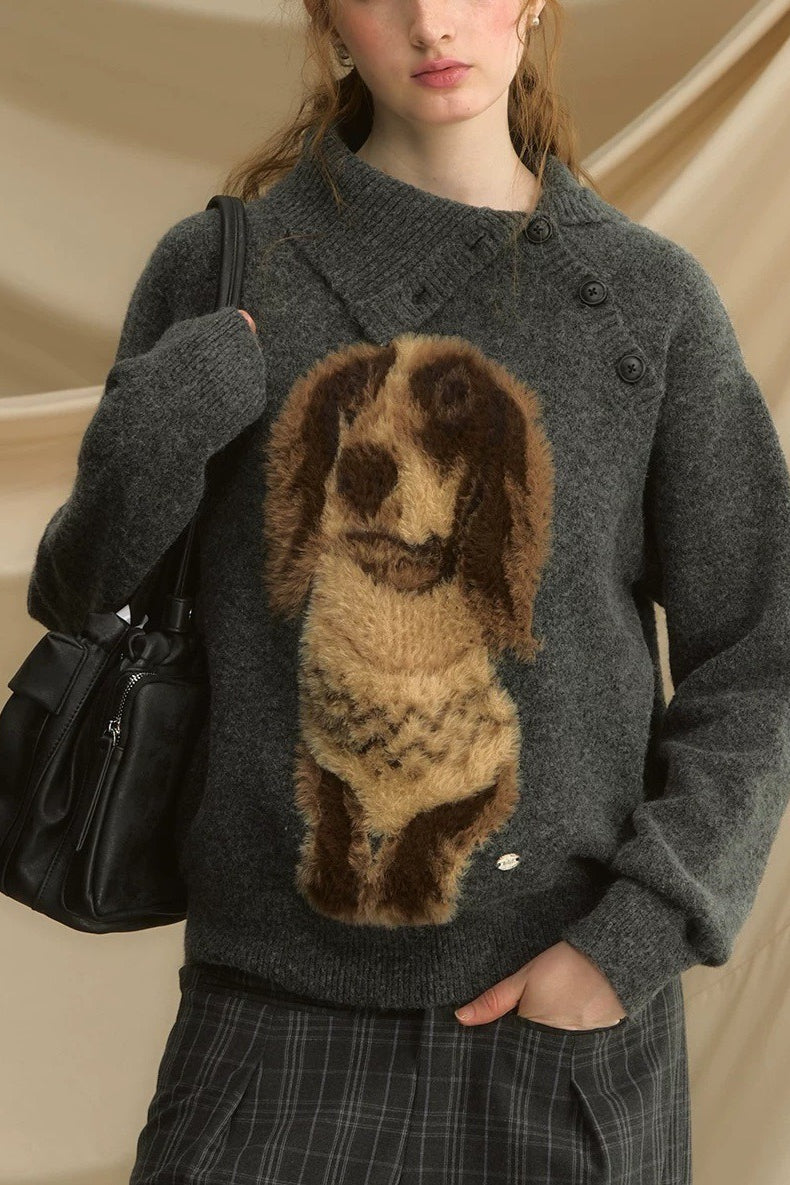 Retro Dachshund Print Slouchy Loose Pullover Sweater - Image 4
