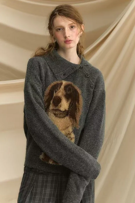 Retro Dachshund Print Slouchy Loose Pullover Sweater - Image 5