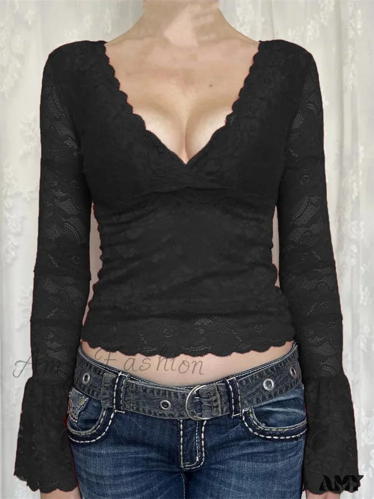 Amy Fashion - Retro Lace Fairy Grunge Deep V Neck Long Flare Sleeve Slim Fit T-shirts - Image 4